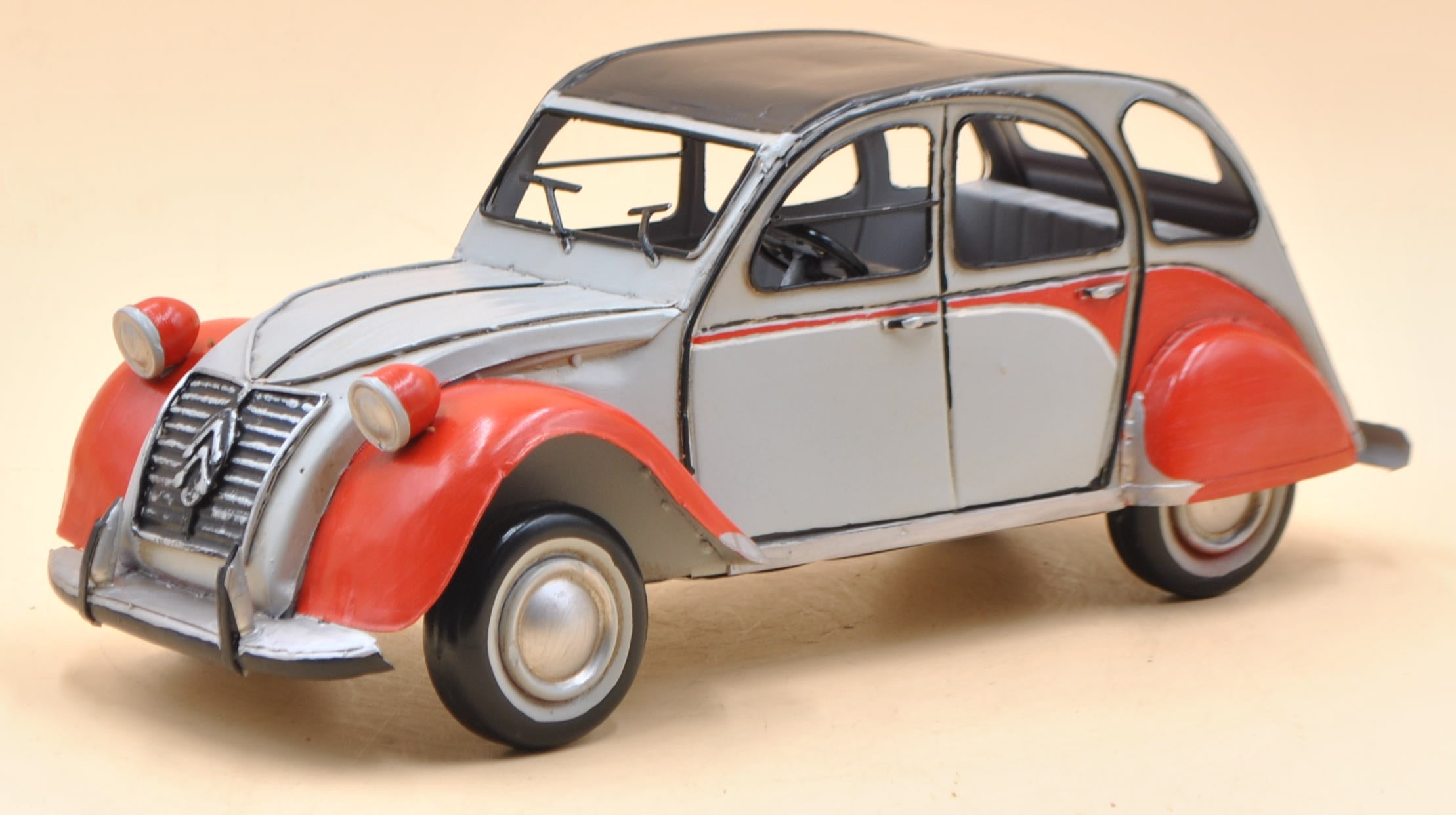 Handmade Grey and Red Medium Scale Tinplate 1952 Citroen Vintage Car Figurine