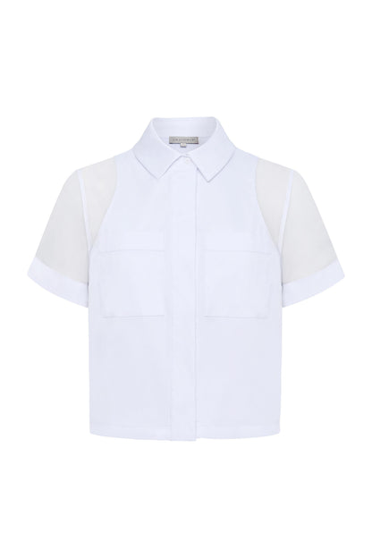 Jade Stretch Poplin & Organza Collared Button Down