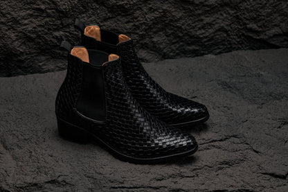 K30521 - 3.3 Inches Taller (Black) - Woven Slip-On High-Top Chelsea Ankle Men's Boots