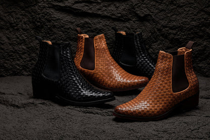 K30521 - 3.3 Inches Taller (Black) - Woven Slip-On High-Top Chelsea Ankle Men's Boots