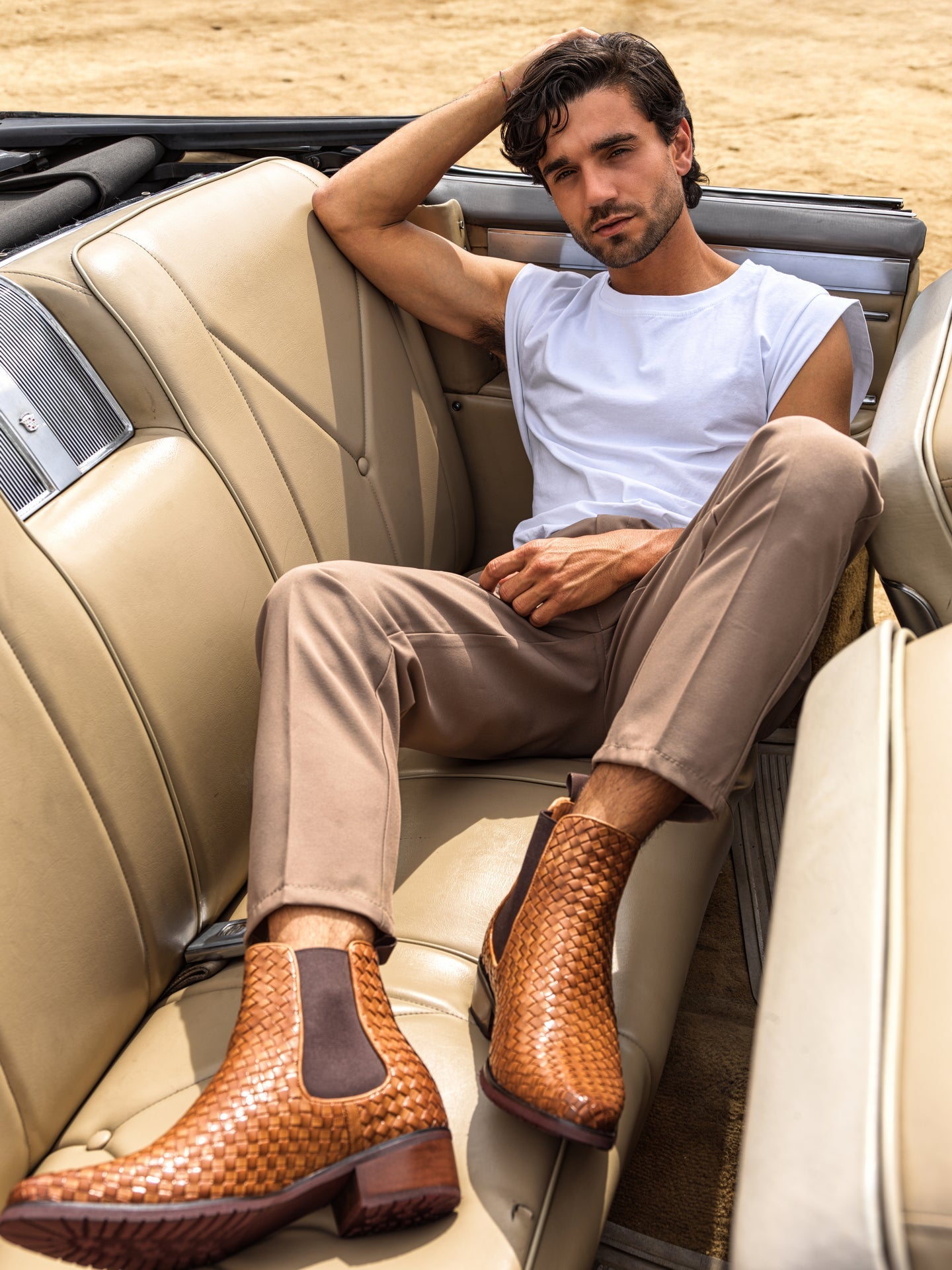 K30522 - 3.3 Inches Taller (Brown) - Woven Chelsea High-Top Slip-On Ankle Men's Boots