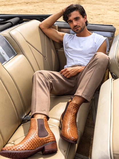 K30522 - 3.3 Inches Taller (Brown) - Woven Chelsea High-Top Slip-On Ankle Men's Boots