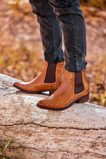 K30522 - 3.3 Inches Taller (Brown) - Woven Chelsea High-Top Slip-On Ankle Men's Boots