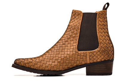 K30522 - 3.3 Inches Taller (Brown) - Woven Chelsea High-Top Slip-On Ankle Men's Boots