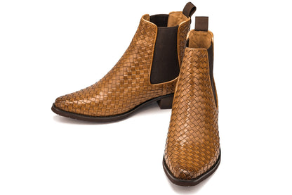 K30522 - 3.3 Inches Taller (Brown) - Woven Chelsea High-Top Slip-On Ankle Men's Boots