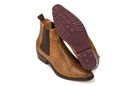 K30522 - 3.3 Inches Taller (Brown) - Woven Chelsea High-Top Slip-On Ankle Men's Boots
