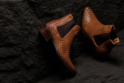 K30522 - 3.3 Inches Taller (Brown) - Woven Chelsea High-Top Slip-On Ankle Men's Boots