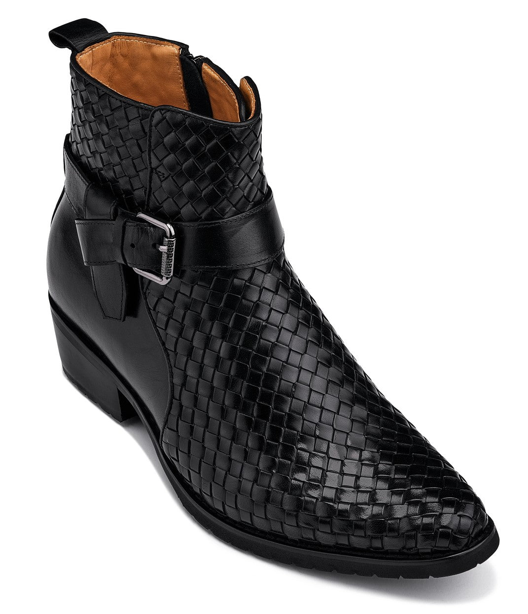 K30523 - 3.3 Inches Taller (Black) - Woven High-Top Ankle Buckle Zipper Men's Boots