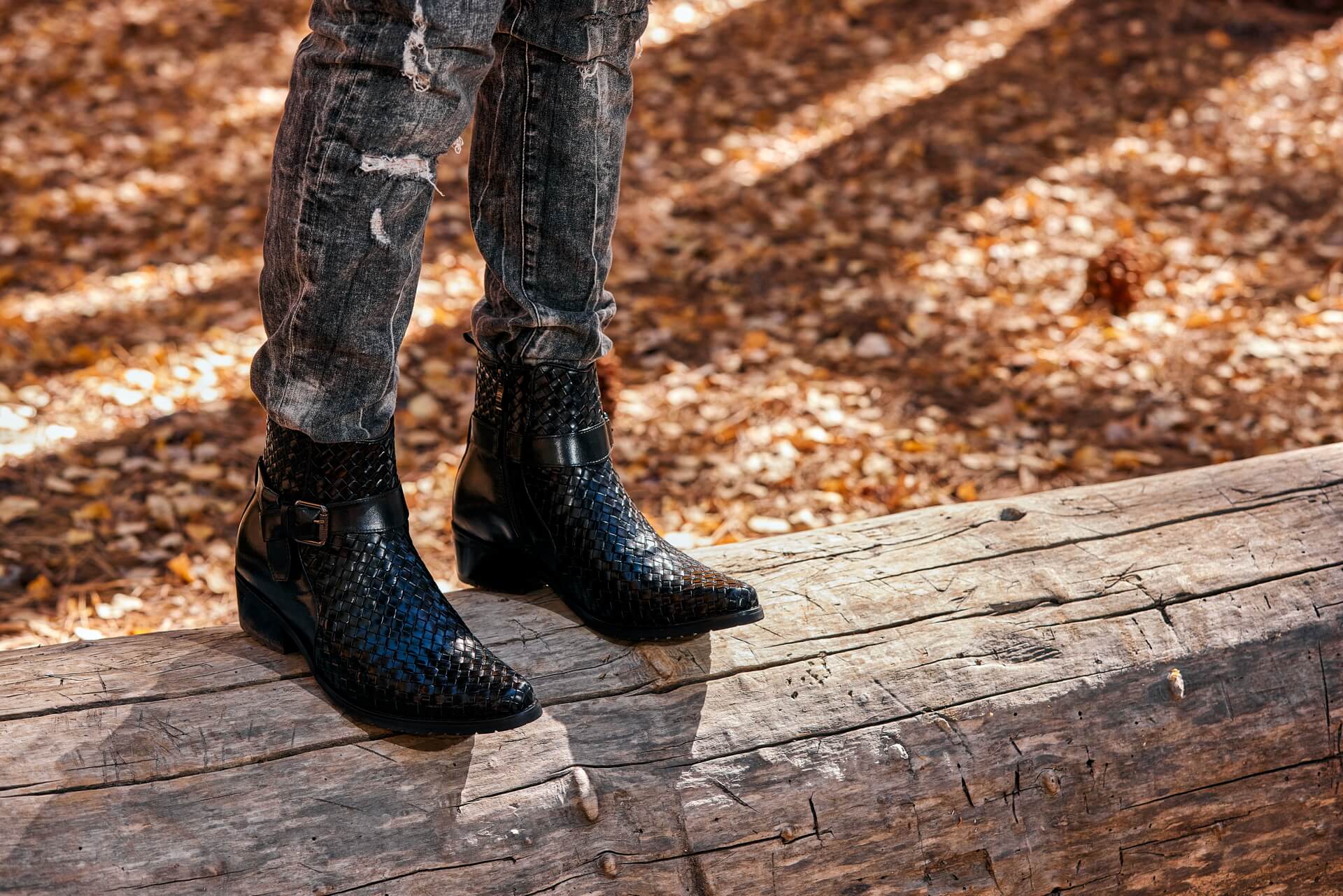 K30523 - 3.3 Inches Taller (Black) - Woven High-Top Ankle Buckle Zipper Men's Boots