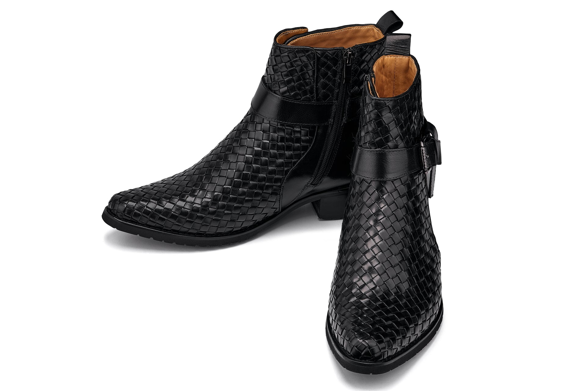 K30523 - 3.3 Inches Taller (Black) - Woven High-Top Ankle Buckle Zipper Men's Boots