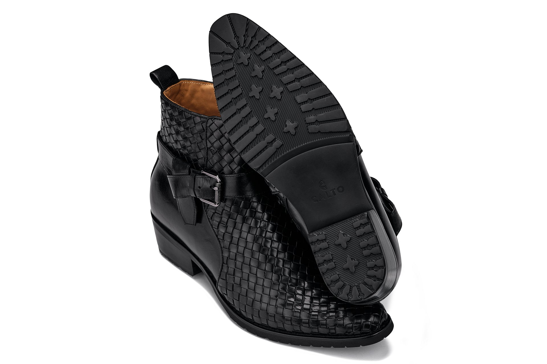 K30523 - 3.3 Inches Taller (Black) - Woven High-Top Ankle Buckle Zipper Men's Boots