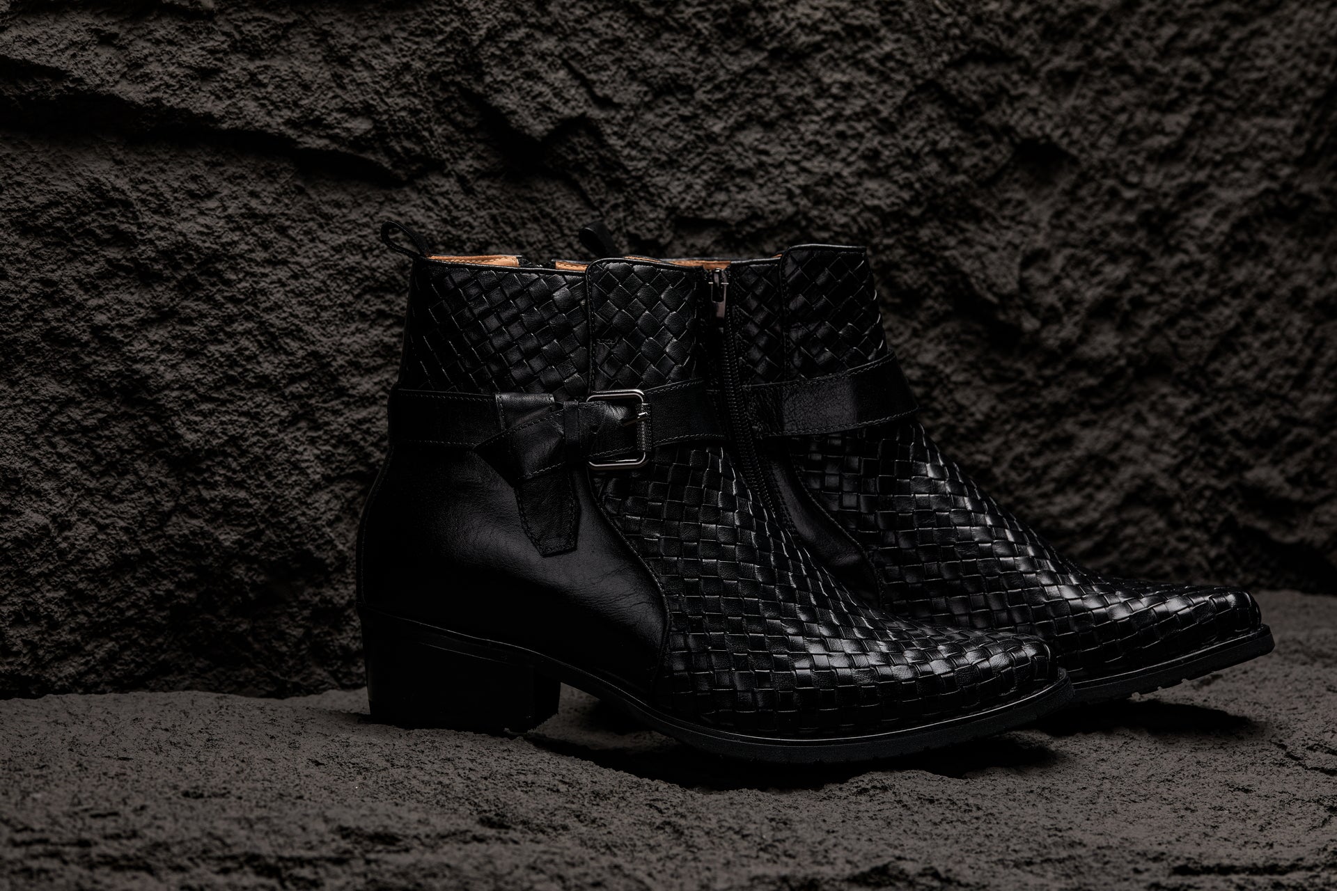 K30523 - 3.3 Inches Taller (Black) - Woven High-Top Ankle Buckle Zipper Men's Boots