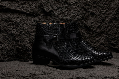 K30523 - 3.3 Inches Taller (Black) - Woven High-Top Ankle Buckle Zipper Men's Boots