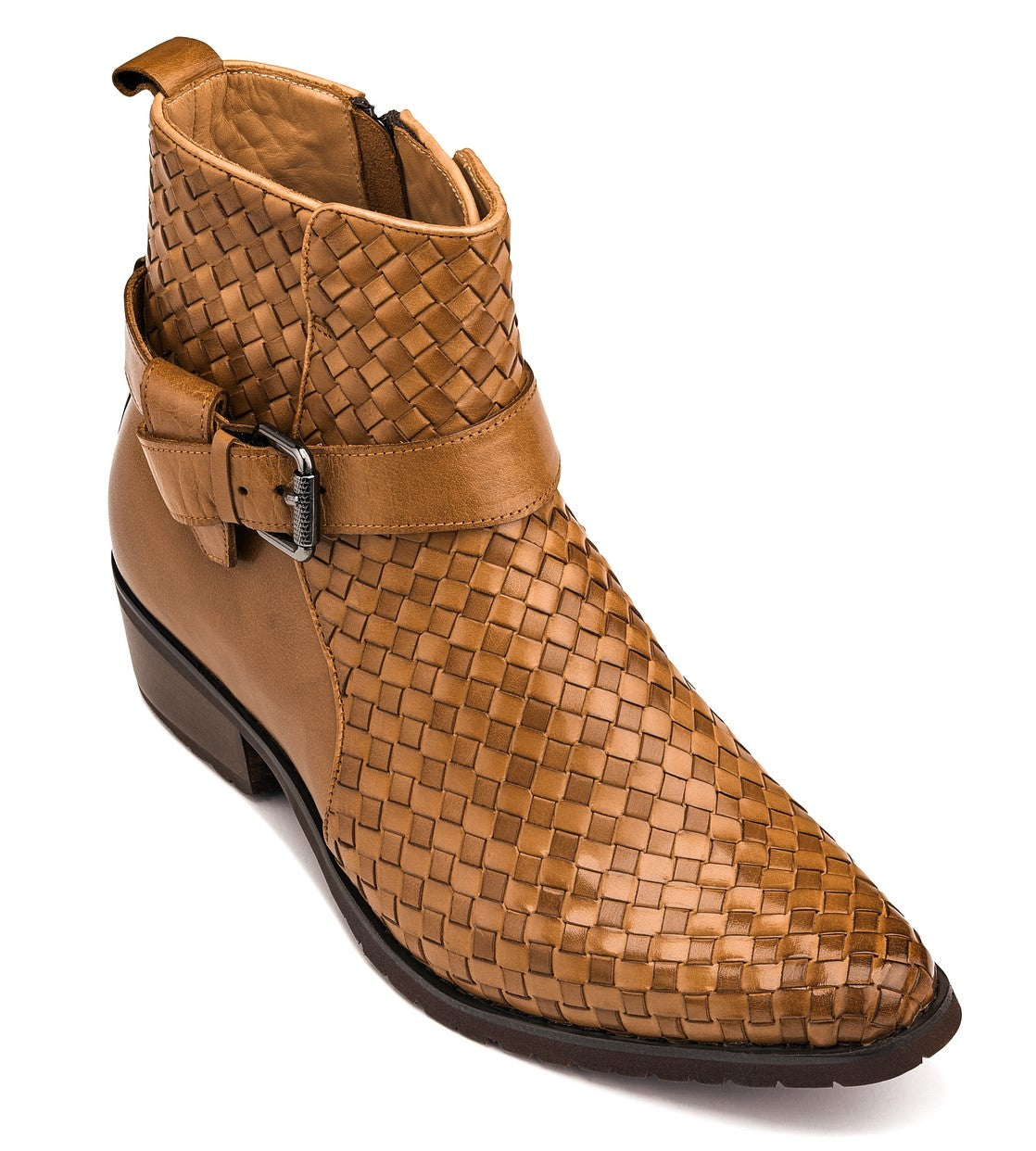 K30524 - 3.3 Inches Taller (Light Brown) - Woven Buckle High-Top Ankle Zip-Up Men's Boots