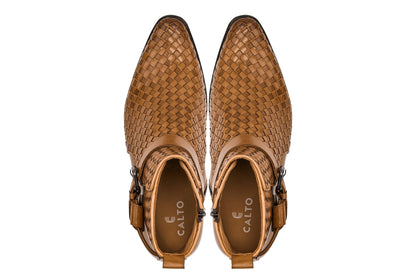 K30524 - 3.3 Inches Taller (Light Brown) - Woven Buckle High-Top Ankle Zip-Up Men's Boots