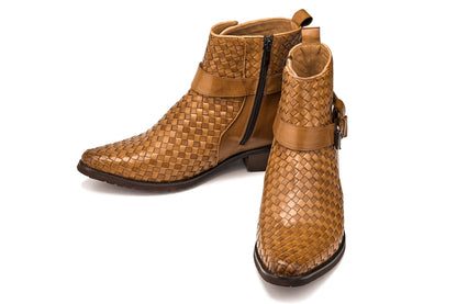 K30524 - 3.3 Inches Taller (Light Brown) - Woven Buckle High-Top Ankle Zip-Up Men's Boots