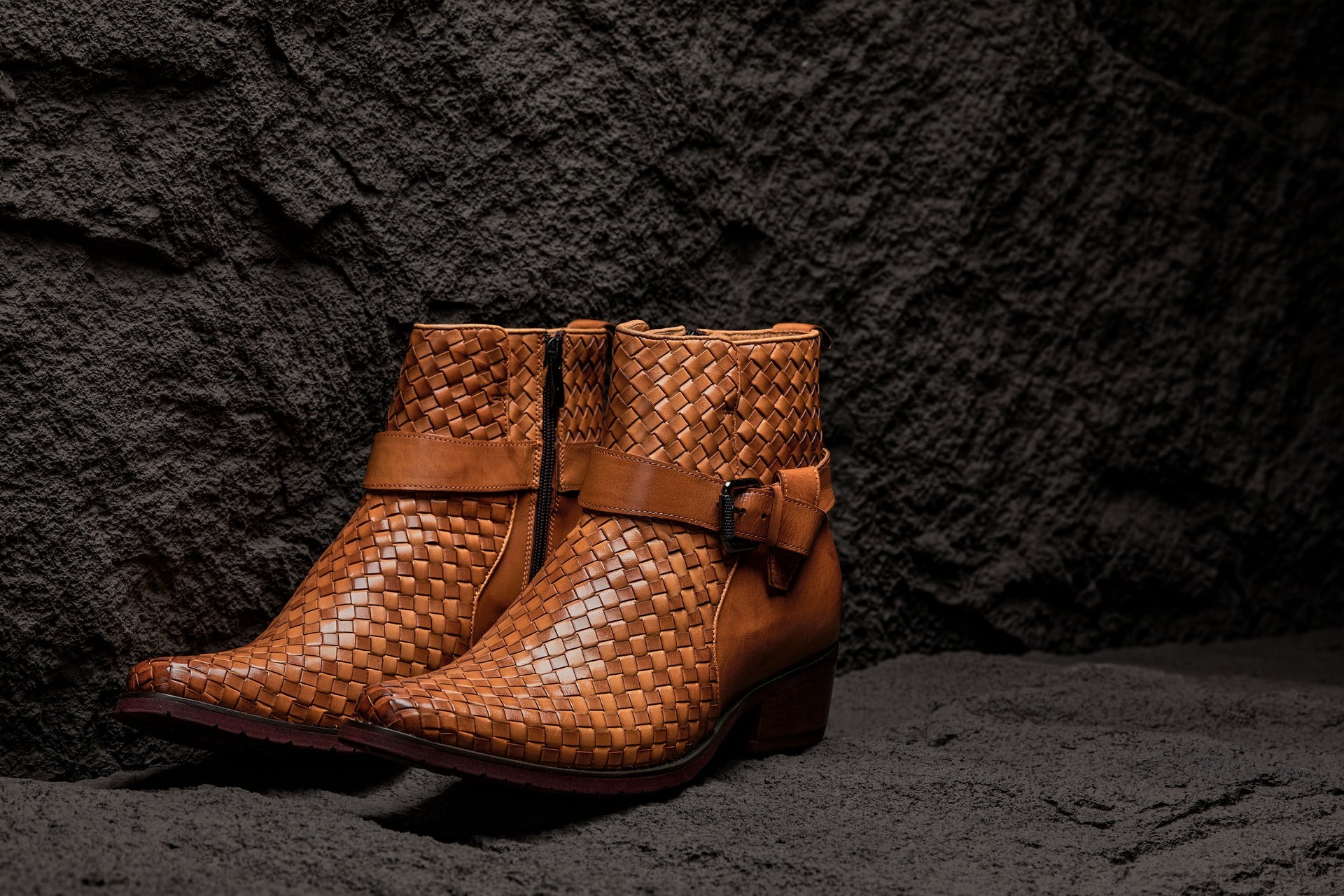 K30524 - 3.3 Inches Taller (Light Brown) - Woven Buckle High-Top Ankle Zip-Up Men's Boots