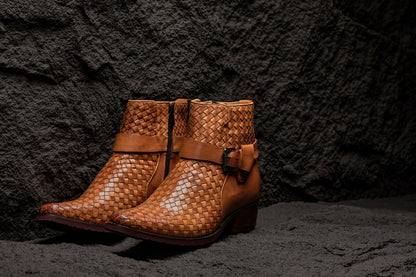 K30524 - 3.3 Inches Taller (Light Brown) - Woven Buckle High-Top Ankle Zip-Up Men's Boots