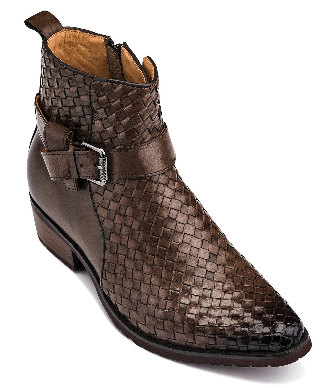 K30525 - 3.3 Inches Taller (Coffee Brown) - Woven High-Top Buckle Zipper Ankle Men's Boots