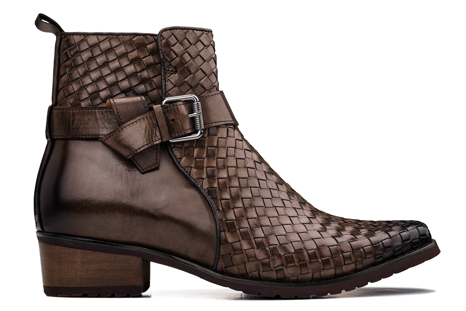 K30525 - 3.3 Inches Taller (Coffee Brown) - Woven High-Top Buckle Zipper Ankle Men's Boots