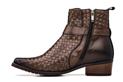 K30525 - 3.3 Inches Taller (Coffee Brown) - Woven High-Top Buckle Zipper Ankle Men's Boots