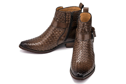 K30525 - 3.3 Inches Taller (Coffee Brown) - Woven High-Top Buckle Zipper Ankle Men's Boots