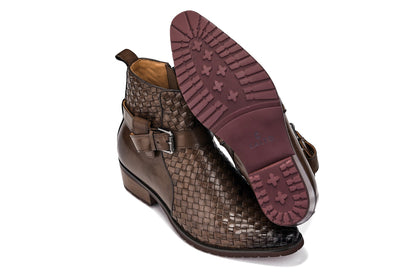 K30525 - 3.3 Inches Taller (Coffee Brown) - Woven High-Top Buckle Zipper Ankle Men's Boots