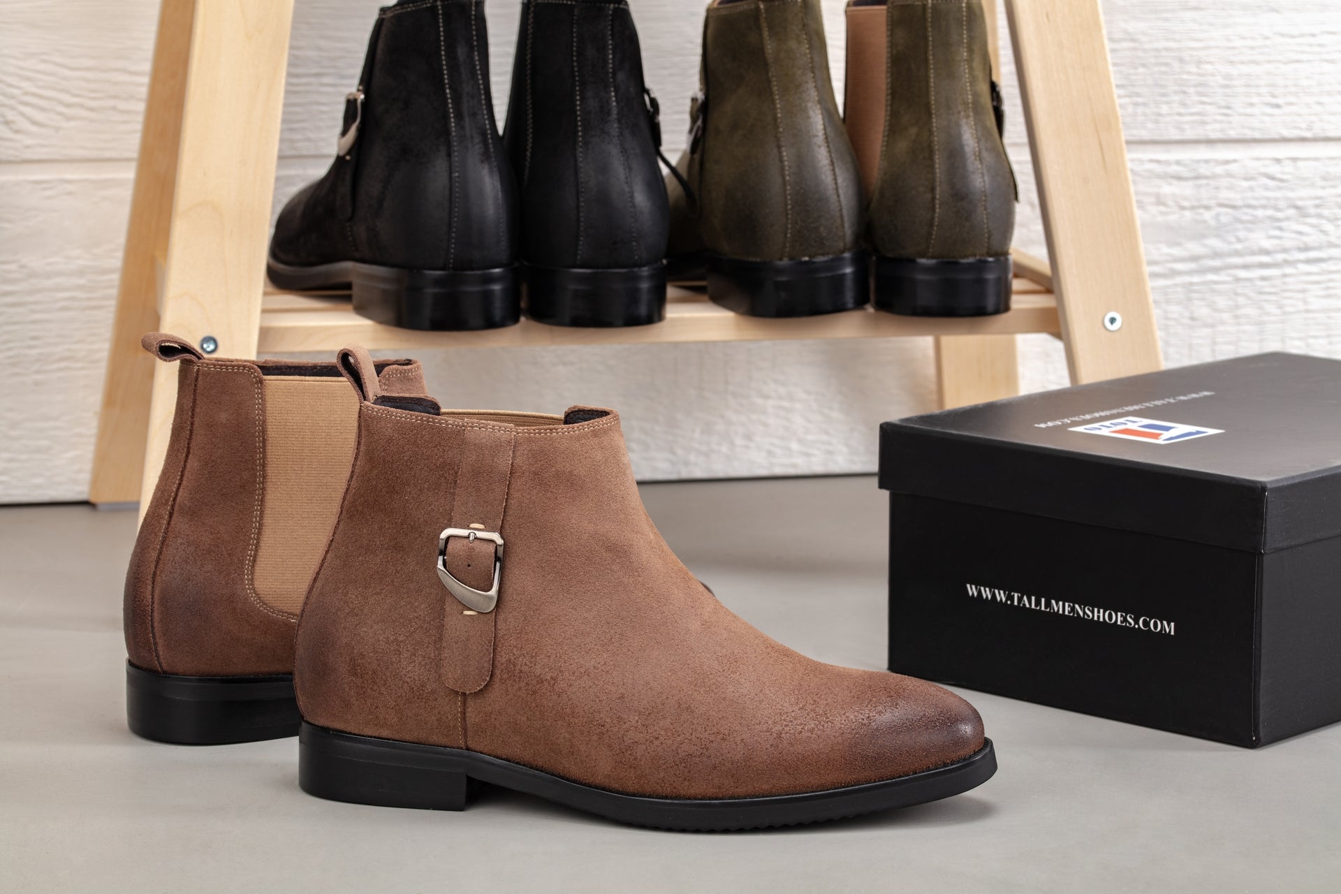 K92083 - 3 Inches Taller (Nubuck Coffee Brown) - Chelsea Ankle Men's Boots