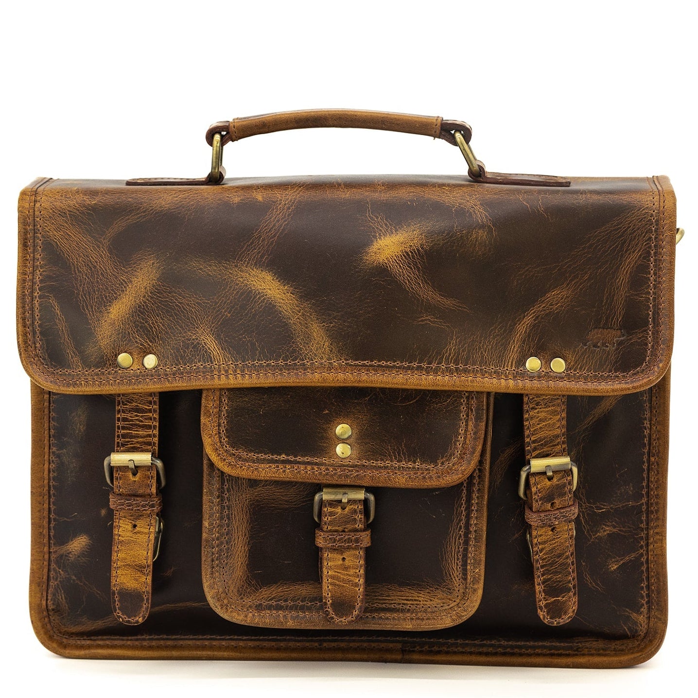 Brown leather satchel bag with visible wear on a white background