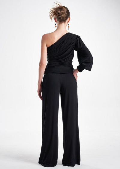 Black Knit 2-Piece Set With An Asymmetrical One-Sleeve Blouse And Palazzo Pants