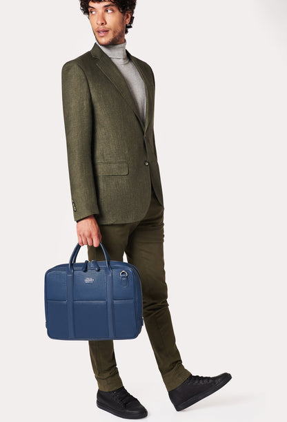 Blue Leather Business Briefcase With Laptop Compartment