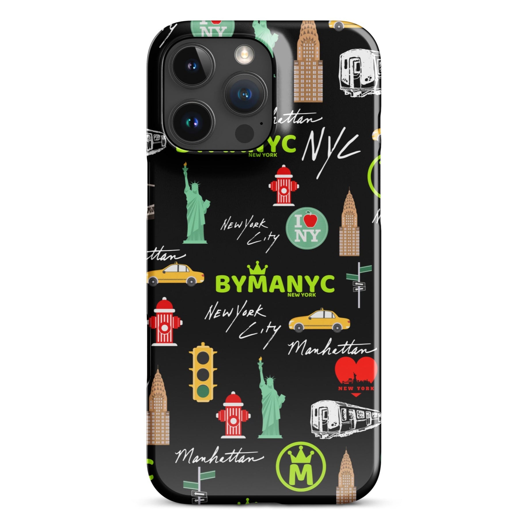 Phone case with New York City-themed design on a black background