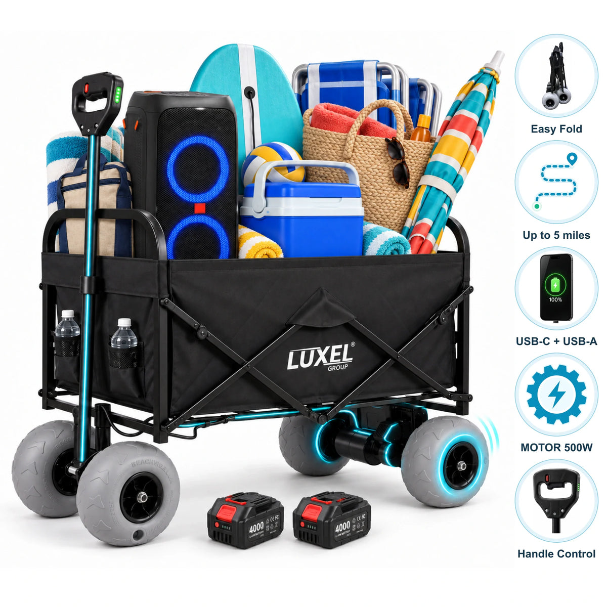 Electric Beach Wagon 500W – Motorized Folding Cart with Balloon Wheels Black