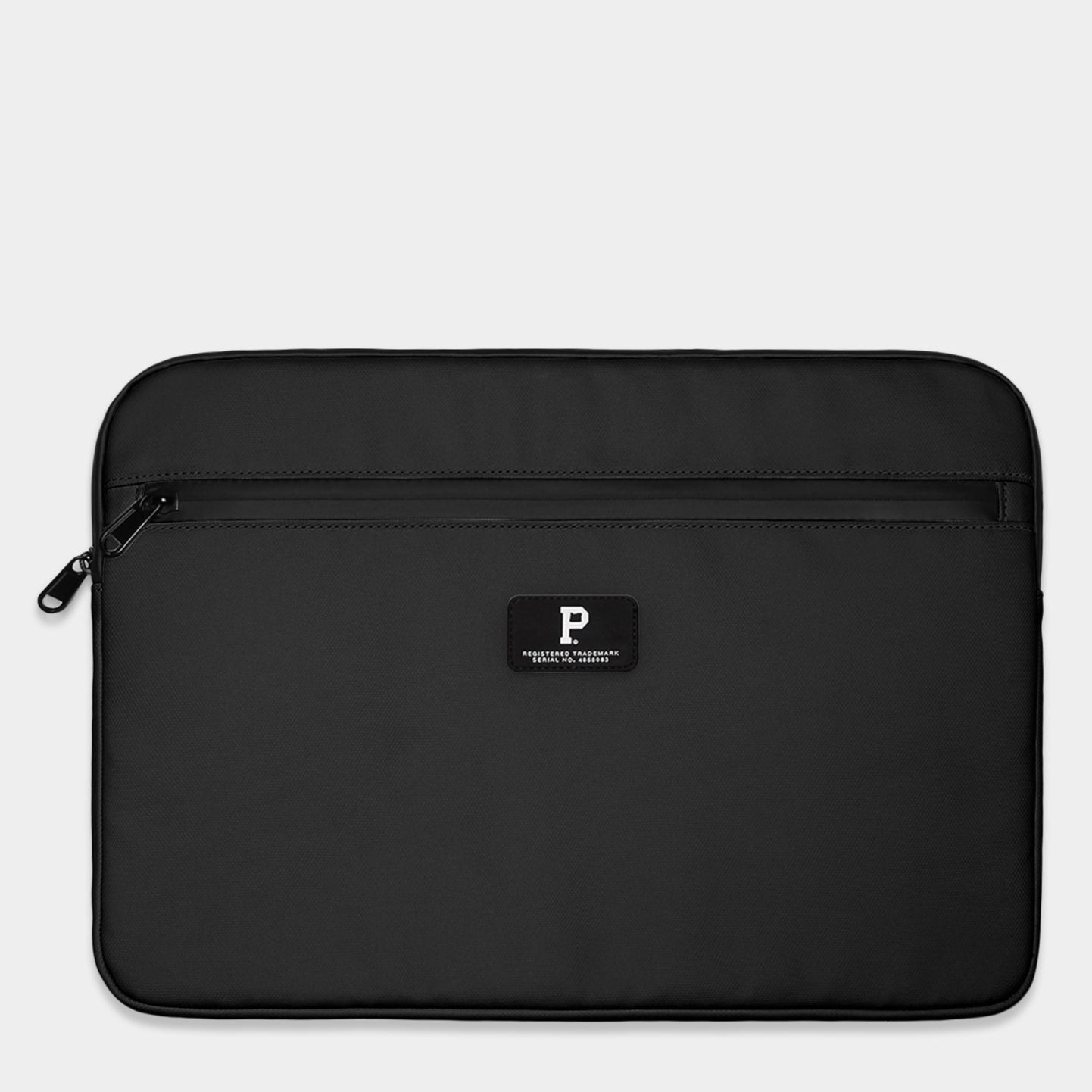 Black laptop sleeve with a brand logo on a light gray background
