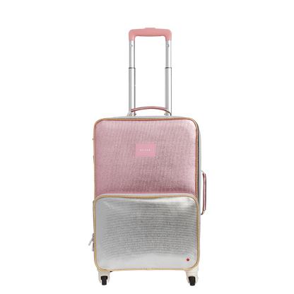 Two-tone pink and silver suitcase on a white background