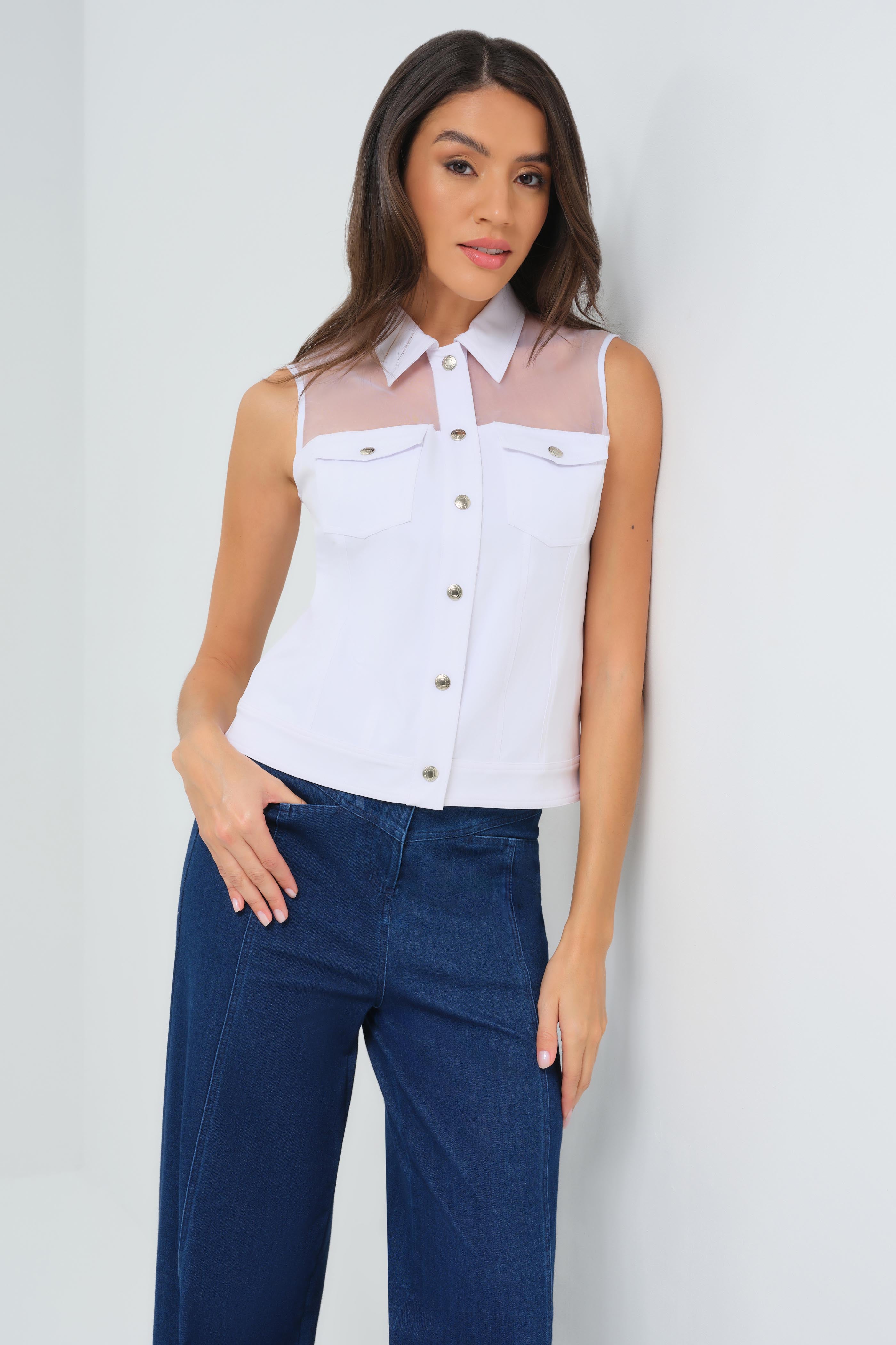 Lenox Organza & Performance Twill Sleeveless Trucker Vest