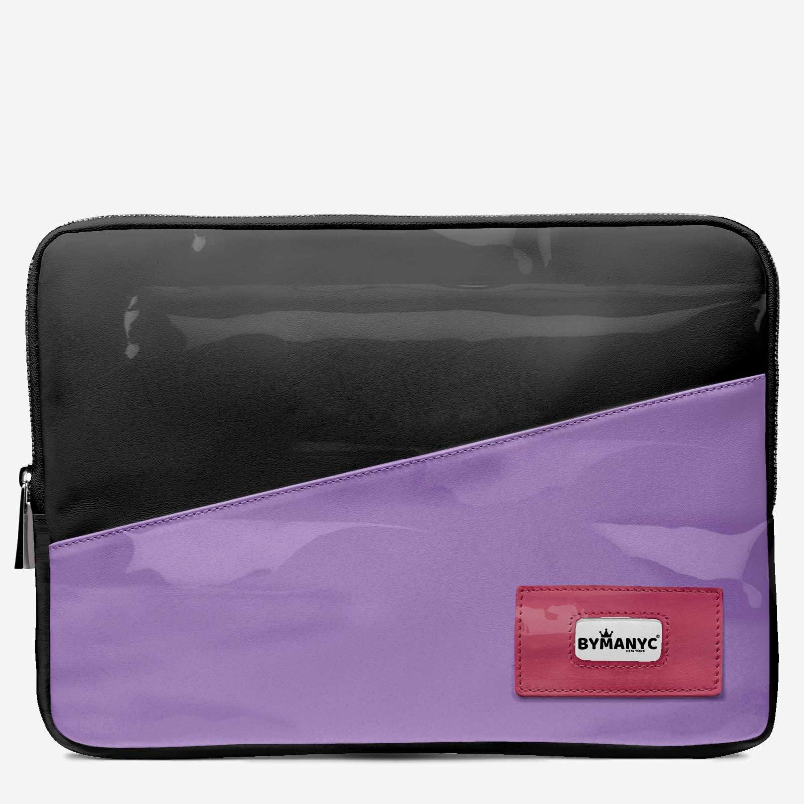 Black and purple laptop sleeve with a visible brand logo on a white background