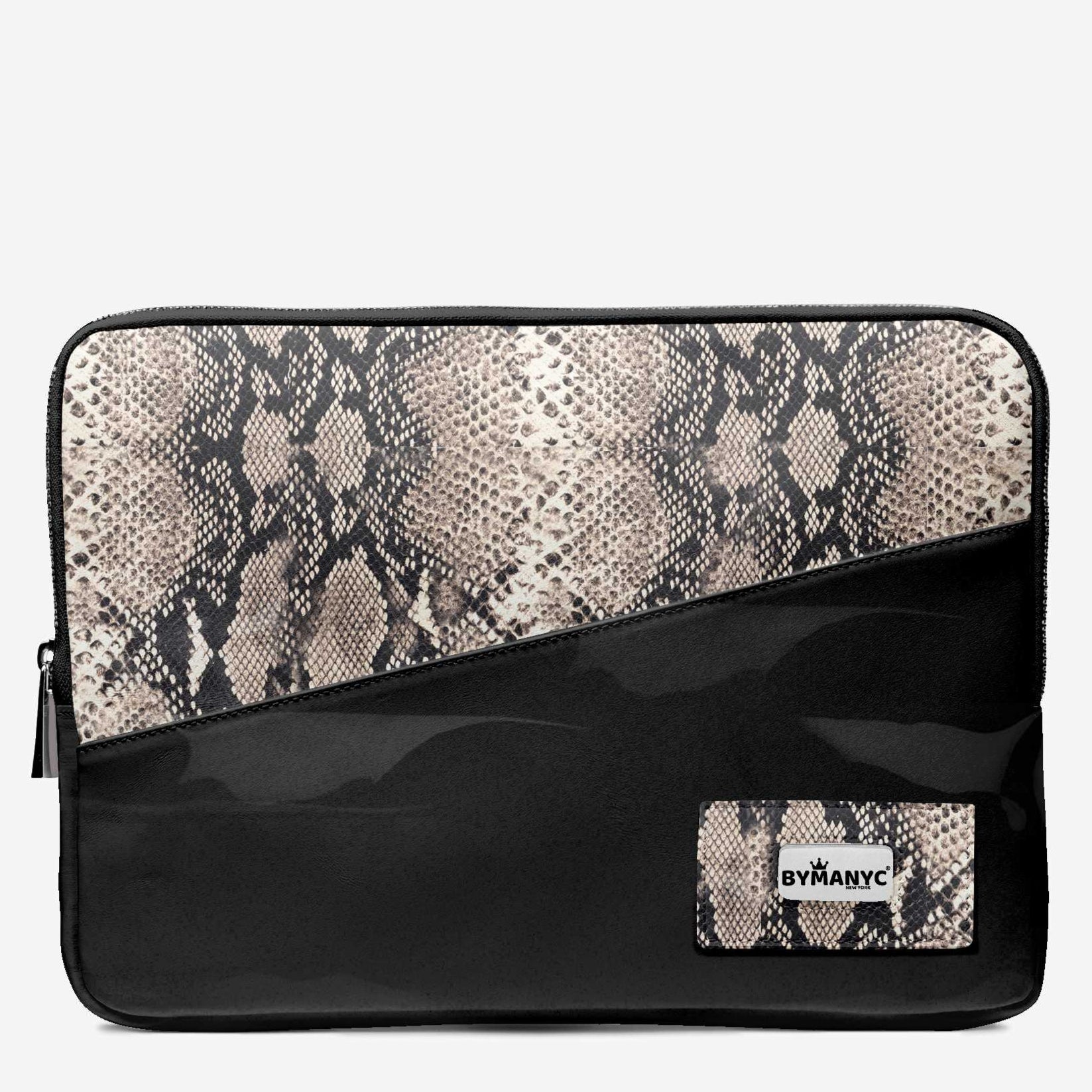 Black and snake print clutch bag with ByTancy logo on a light gray background