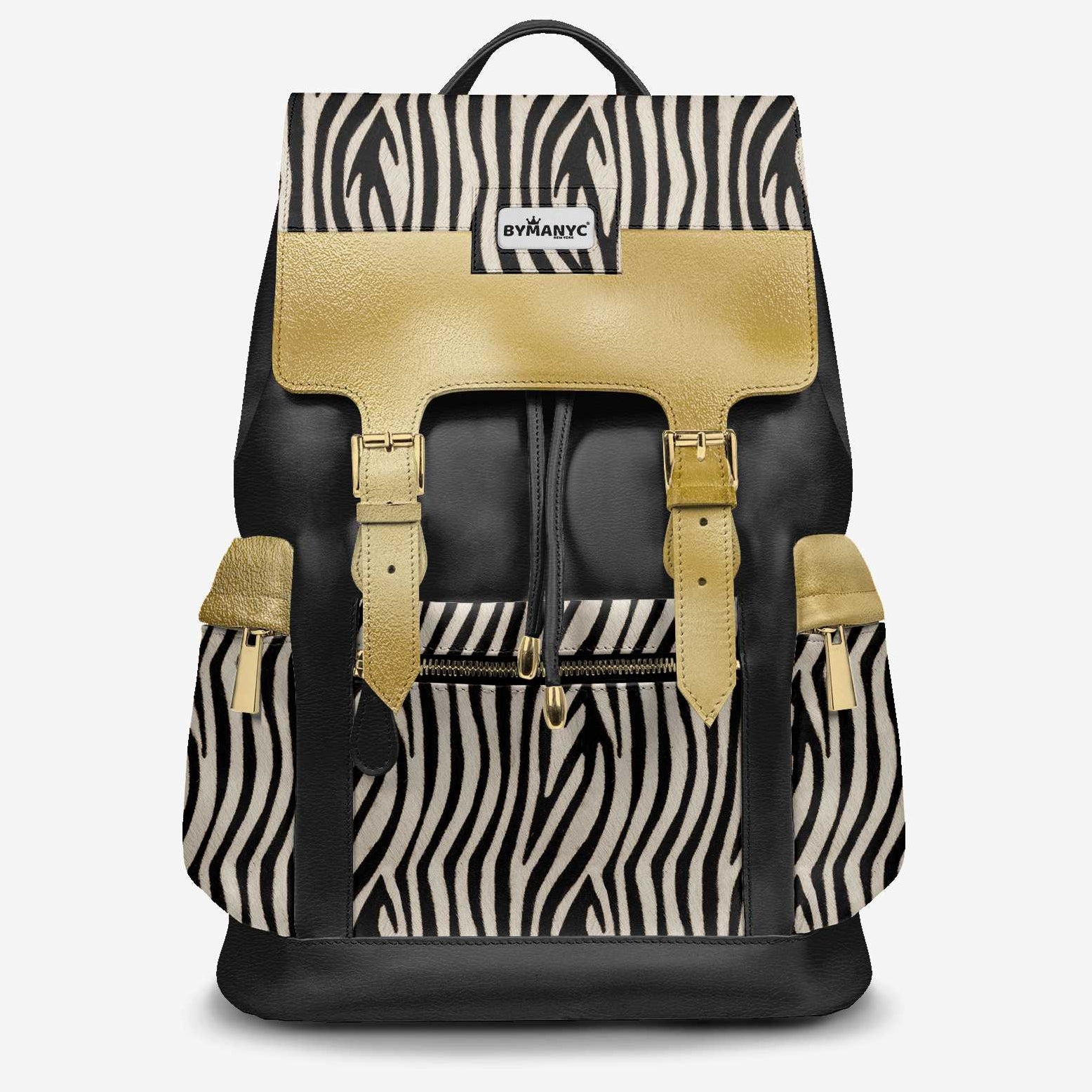 Backpack with zebra pattern and gold accents on a white background