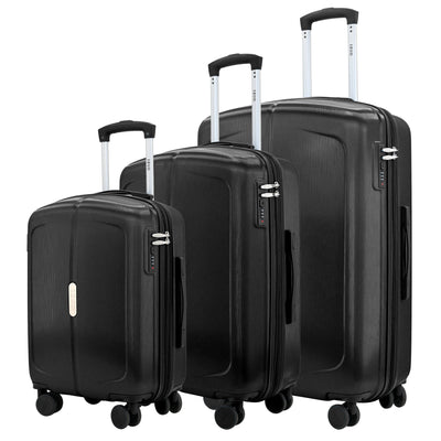 Set of three black suitcases of different sizes on a white background