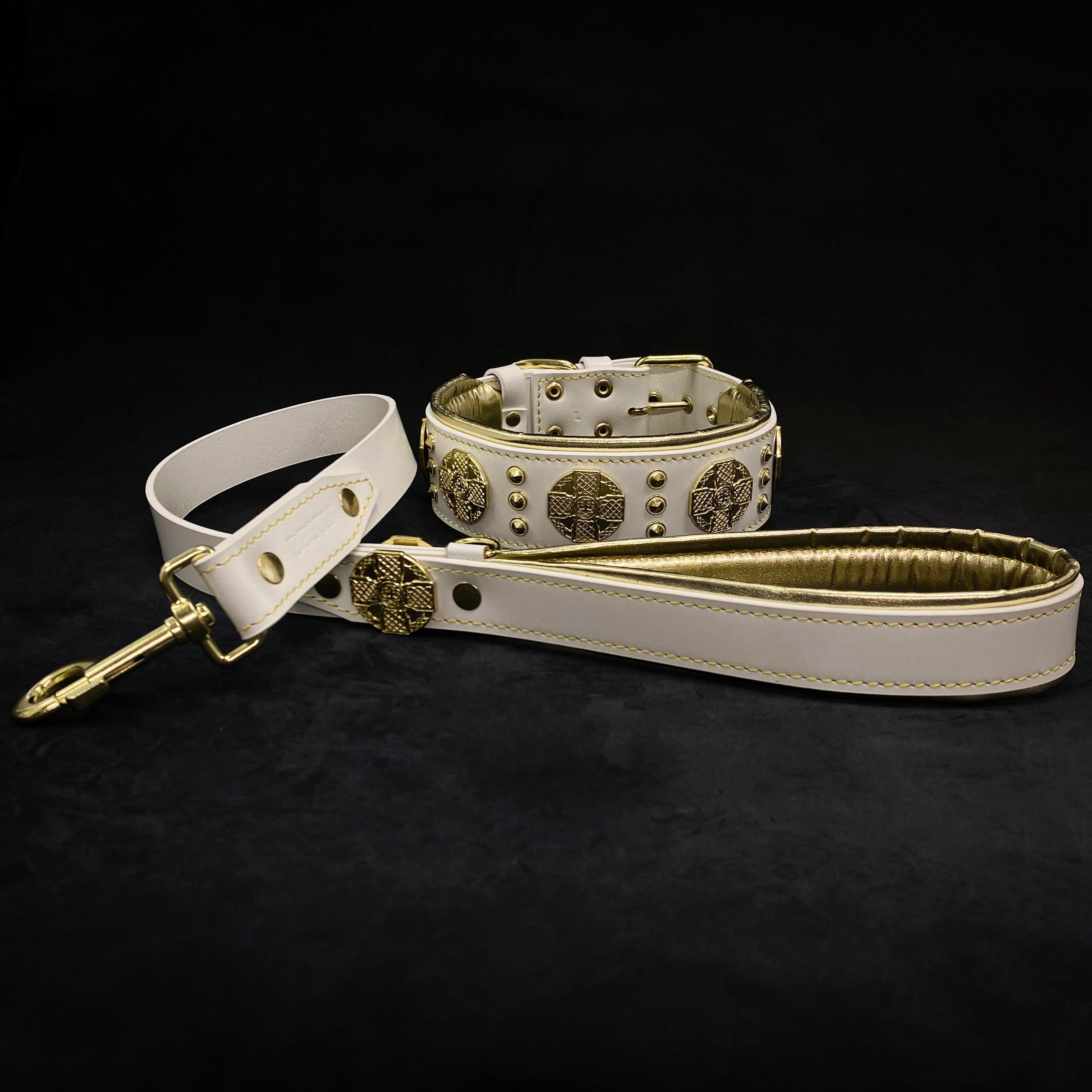 The "Maximus" Dog Collar 2.5-inch Wide. White & Gold