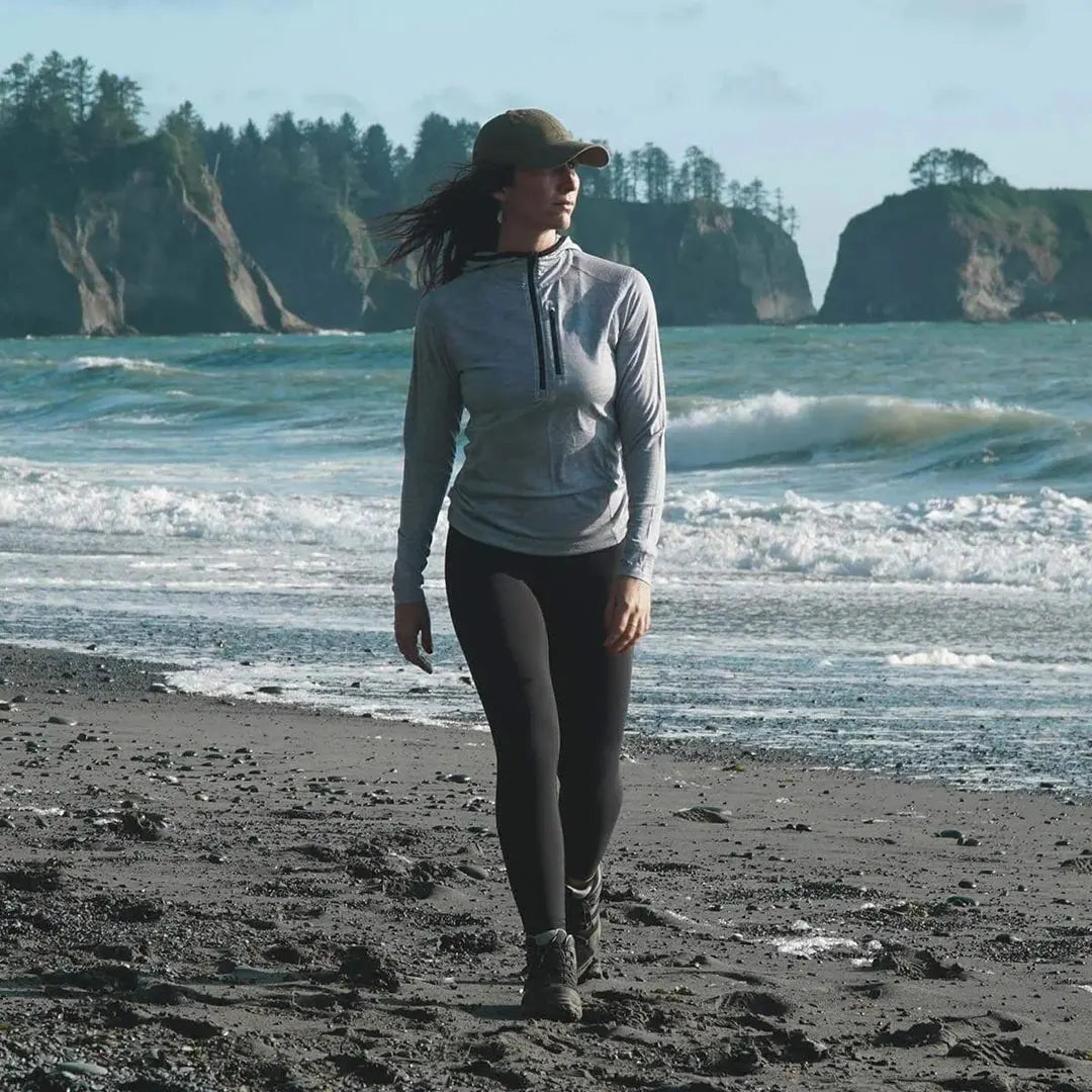 Minuss33 2280AG-AFB-Woolverino Hoodie, and Merino Bottom on a Walking Woman by The Beach