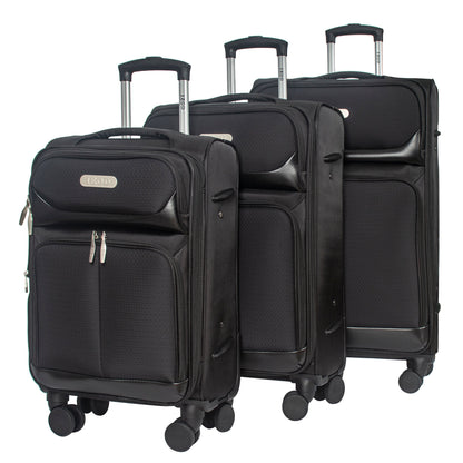 Three black suitcases of different sizes on a white background