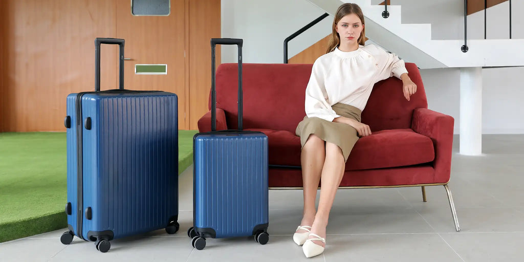 Miami CarryOn Ocean Luggage Set in retro scene with woman modeling on couch