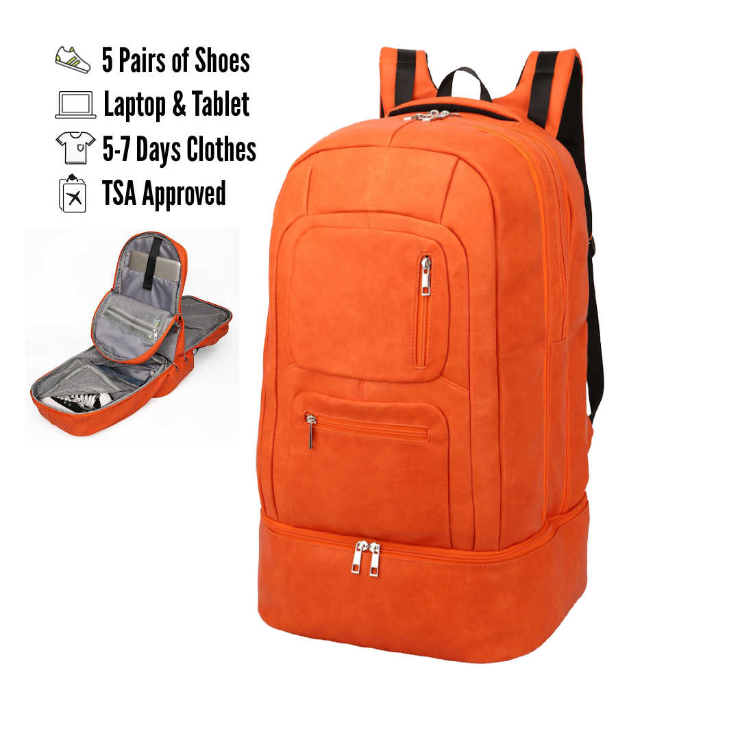 Orange Leather Luxury Carry-On Backpack (Patented Signature Design)