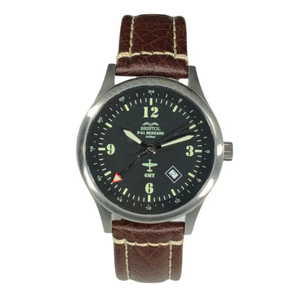 P-51 Mustang Tribute - Stainless Steel, Brush Finish, Brown Leather Band