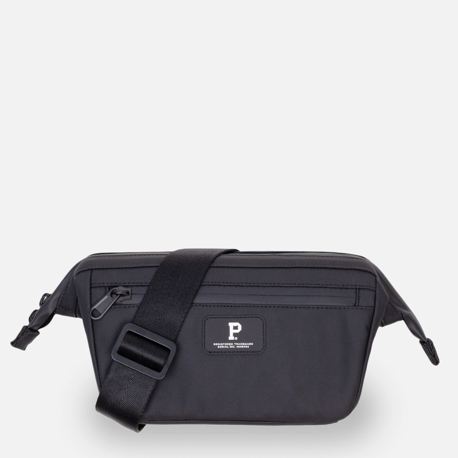Black waist bag with a brand logo on a light gray background