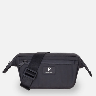 Black waist bag with a brand logo on a light gray background