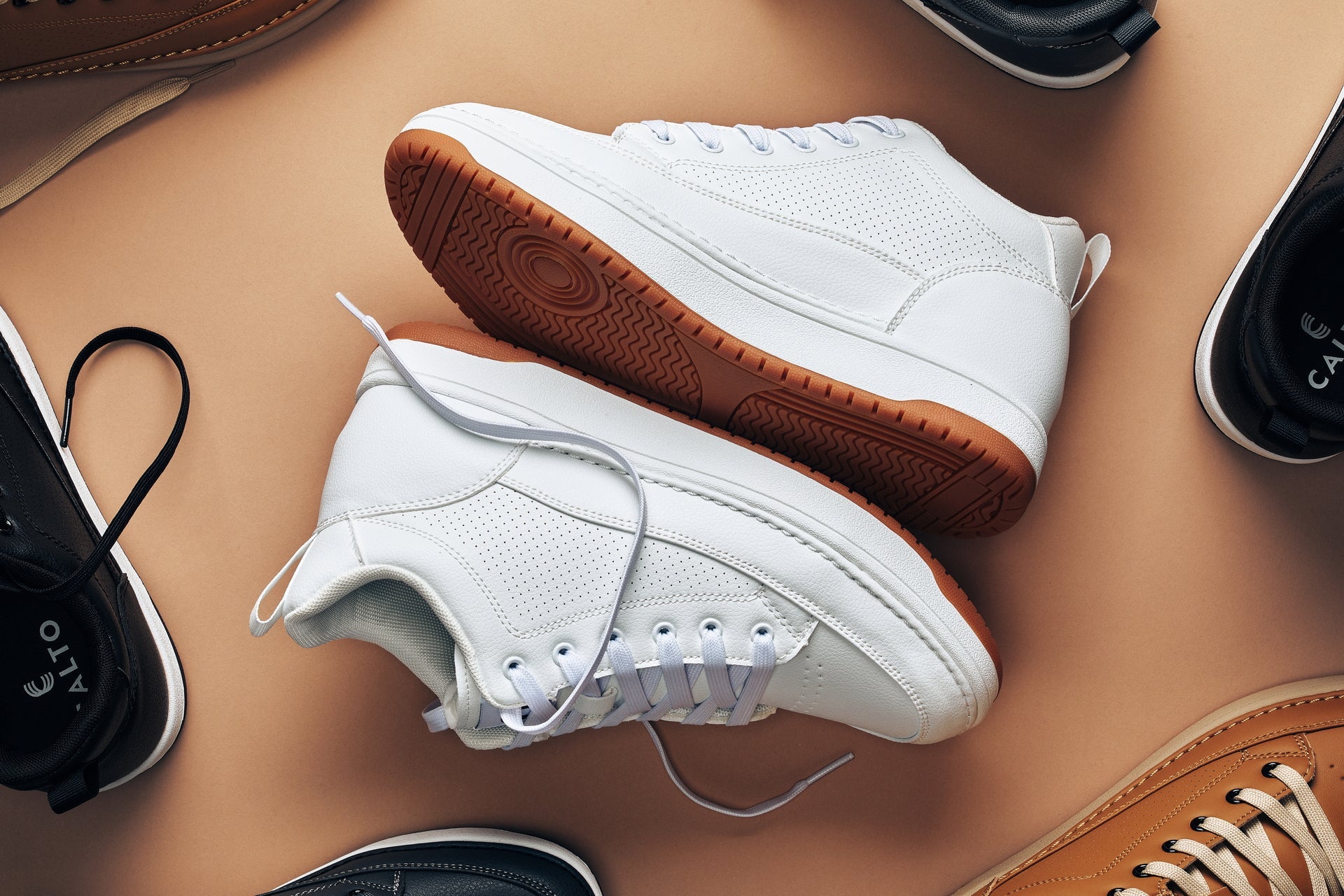 Q272  - 2 Inches Taller (White & Gum Sole) -Elevated Leatherette Micro-Perforated Men's Sneakers
