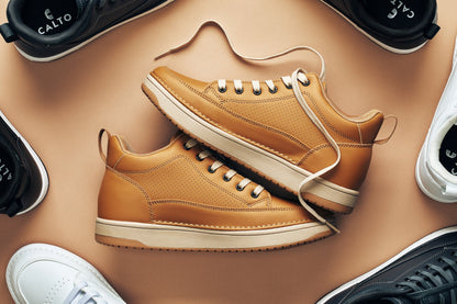 Q274  - 2 Inches Taller (Camel Brown) - Elevated Leatherette Micro-Perforated Men's Sneakers